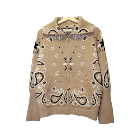 You & Eye Beige Bandana Paisley Pattern Zip Sweater
