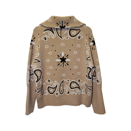 Beige Bandana Paisley Pattern Zip Sweater