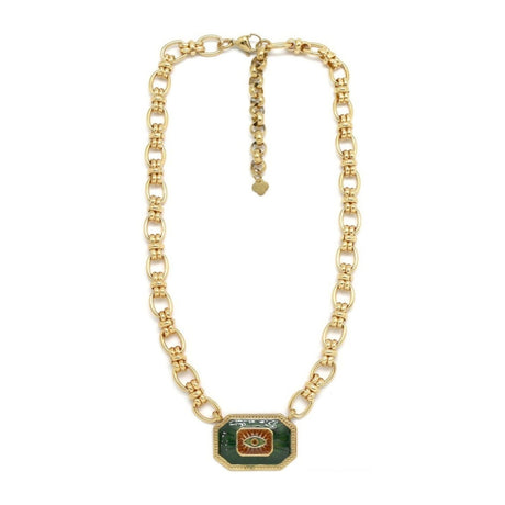 The Sisters Dubai Green Evil Eye Octagon Pendant Chunky Link Chain Necklace