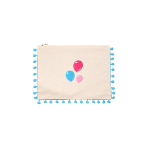 Mellow Embroidered Balloons Canvas Pouch with Blue Pom Poms