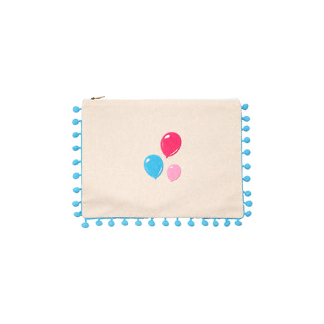 Mellow Embroidered Balloons Canvas Pouch with Blue Pom Poms