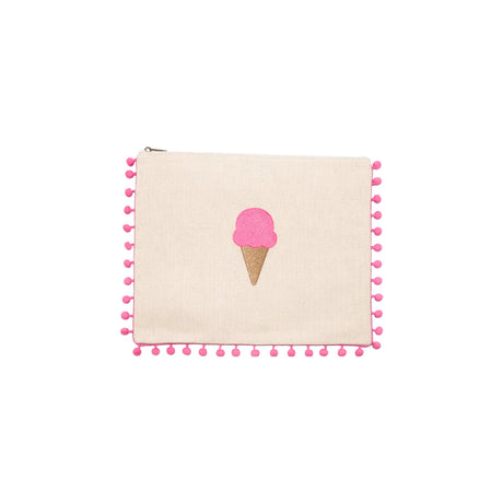 Mellow Embroidered Ice Cream Canvas Pouch with Pink Pom Poms
