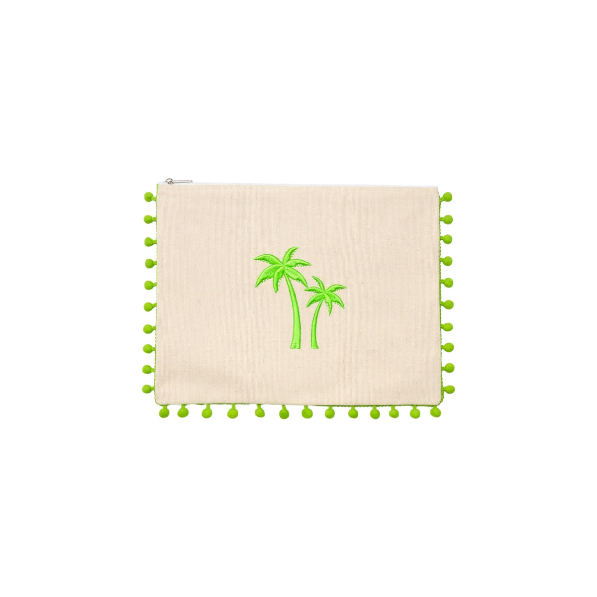 Mellow Embroidered Palm Trees Canvas Pouch with Green Pom Poms