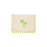 Mellow Embroidered Palm Trees Canvas Pouch with Green Pom Poms