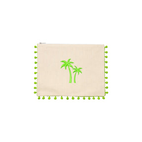 Mellow Embroidered Palm Trees Canvas Pouch with Green Pom Poms