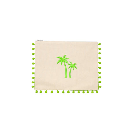 Mellow Embroidered Palm Trees Canvas Pouch with Green Pom Poms