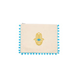 Mellow Embroidered Hamsa Canvas Pouch with Blue Pom Poms