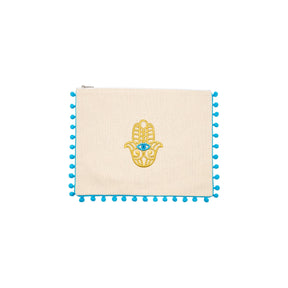 Mellow Embroidered Hamsa Canvas Pouch with Blue Pom Poms