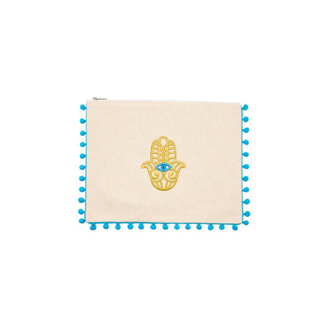 Mellow Embroidered Hamsa Canvas Pouch with Blue Pom Poms