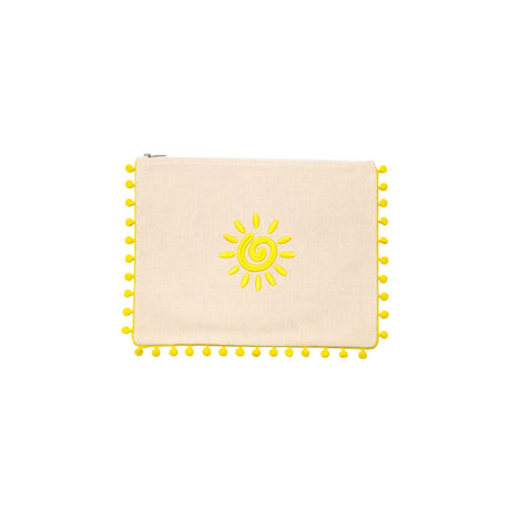 Mellow Embroidered Sun Canvas Pouch with Yellow Pom Poms