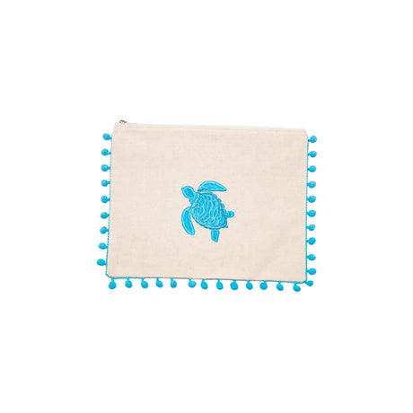 Mellow Embroidered Turtle Canvas Pouch with Blue Pom Poms