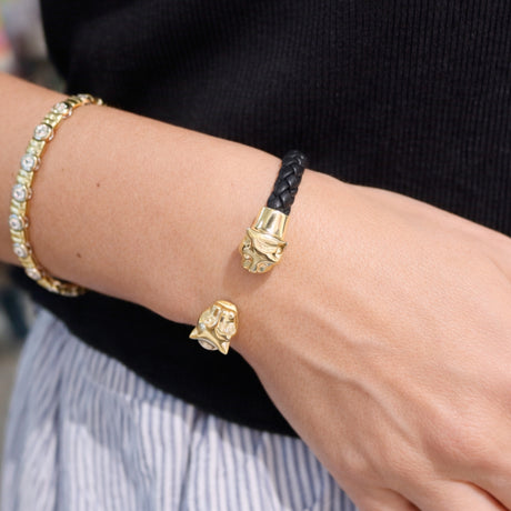 Polina Gold Panther Braided Leather Cuff Bracelet