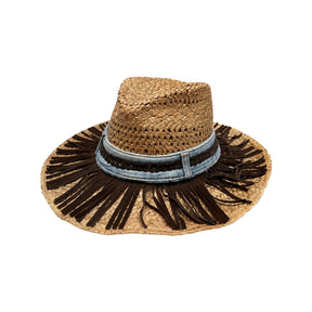 Moov In Style Denim Trim and Suede Fringe Fedora Hat