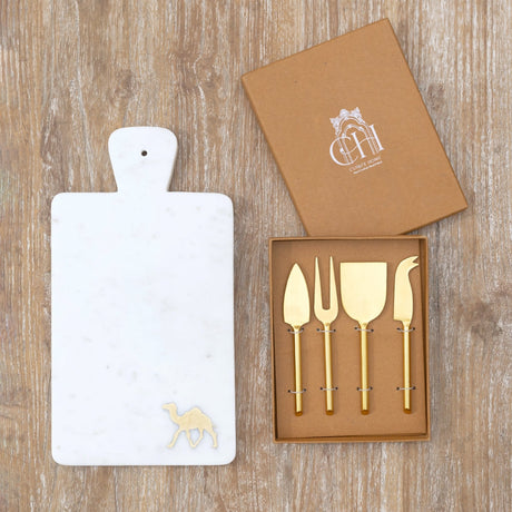 Curate Home Camel Marble Cheese Board and Knives Set