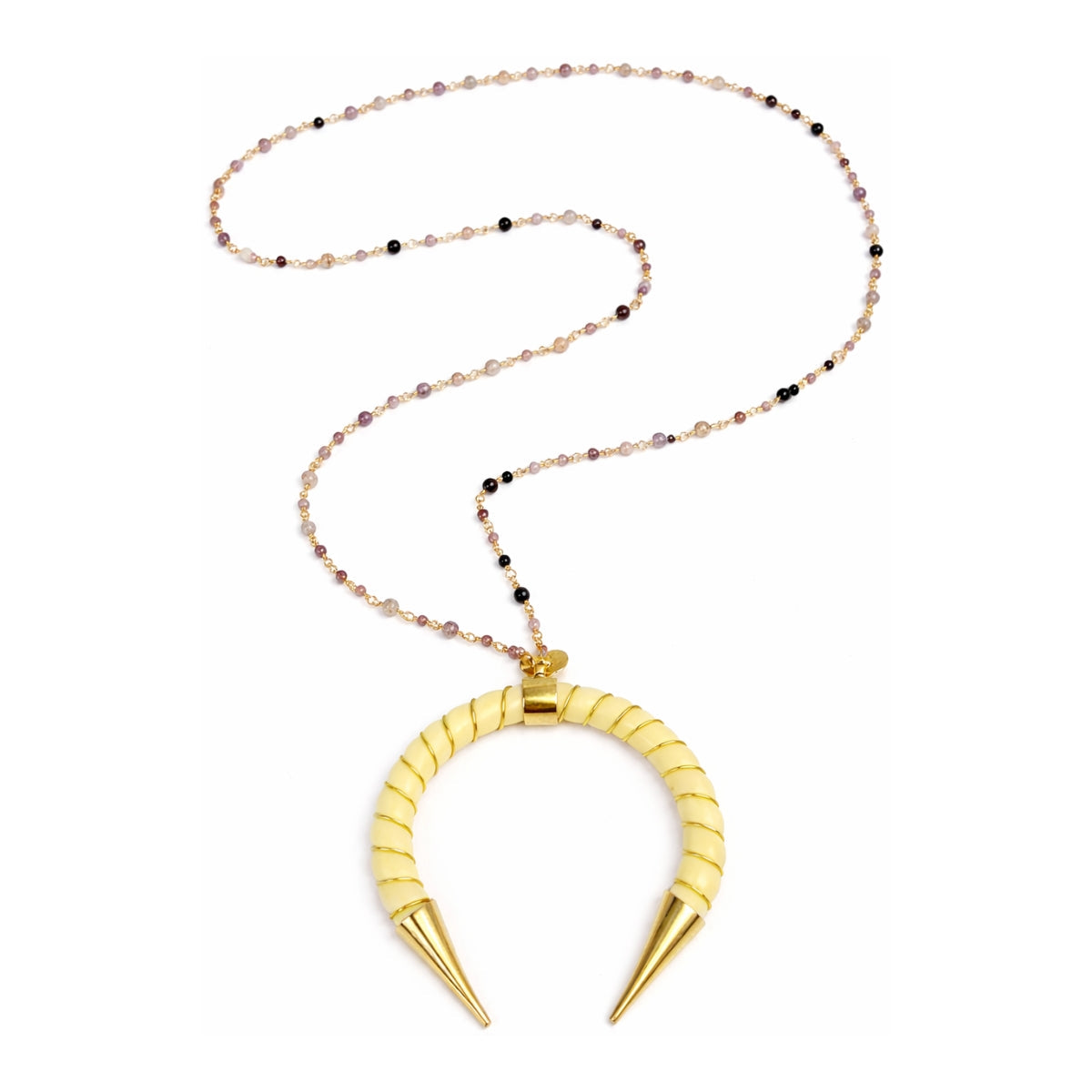 Lara Yellow Moon with Twisted Gold Accent Long Beaded Necklace