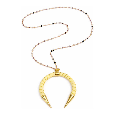 Lara Yellow Moon with Twisted Gold Accent Long Beaded Necklace