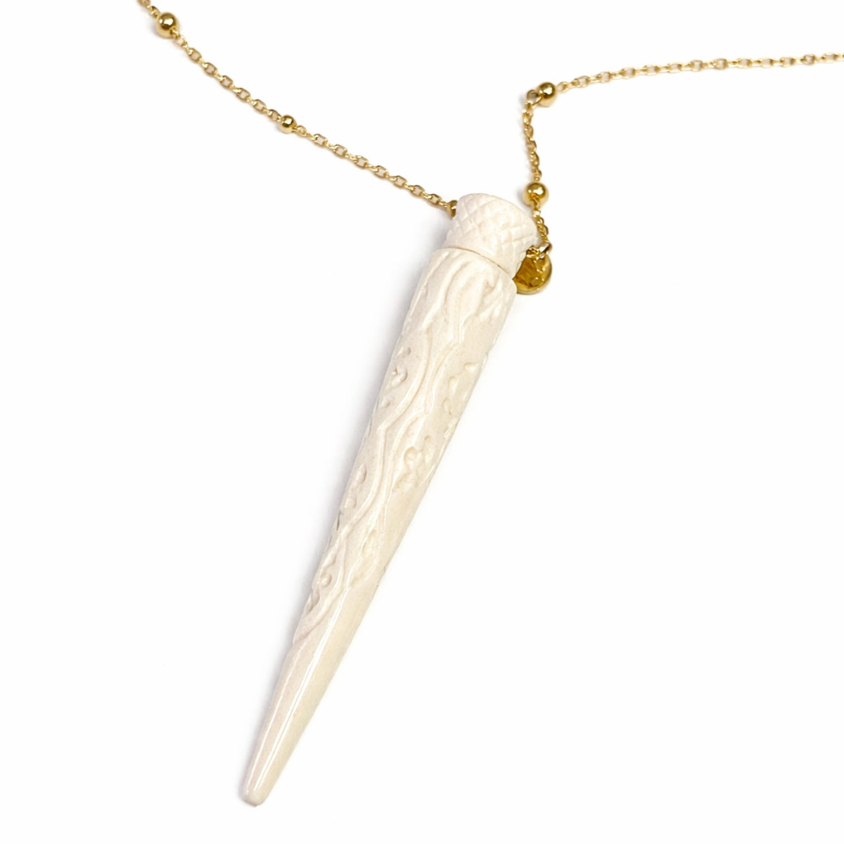 Lara Carved White Horn Pendant Necklace in Gold Beaded Chain