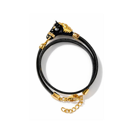 Polina Horse Charm Wrap-Around Black Leather Bracelet