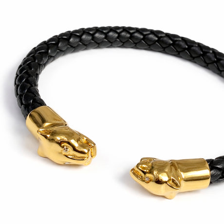 Polina Gold Panther Braided Leather Cuff Bracelet