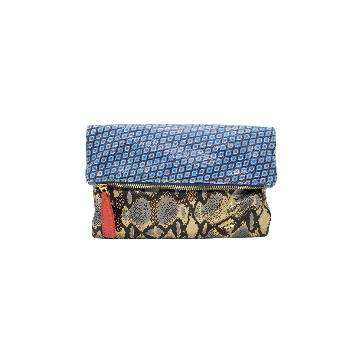 Ebarrito Snakeskin and Blue Leather Foldover Clutch