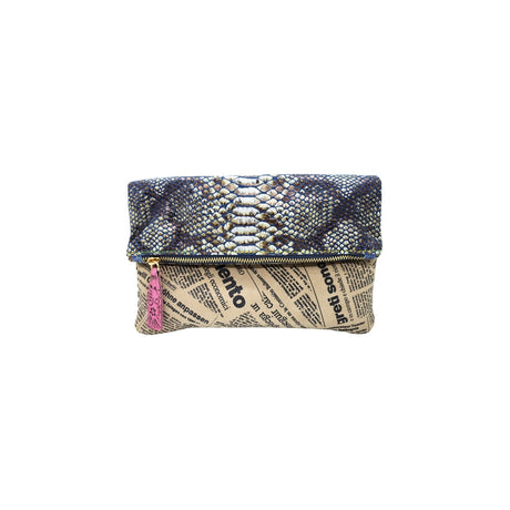Ebarrito Bold Snakeskin and Newspaper Print Leather Clutch
