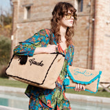 Alex.Max Smile Embroidered Jute Clutch with Tassel