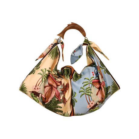 Alex.Max Tropical Birds Print Shoulder Bag with Wooden Handle