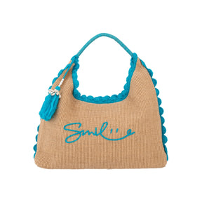 Alex.Max Teal Smile Raffia Hobo Beach Bag