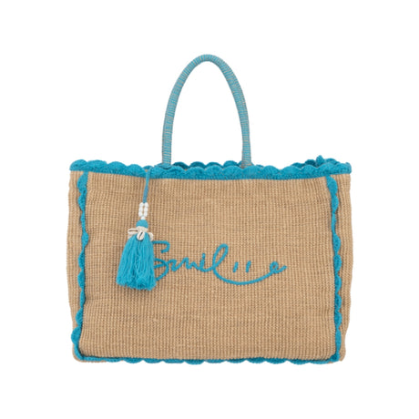Alex.Max Teal Smile Raffia Beach Bag