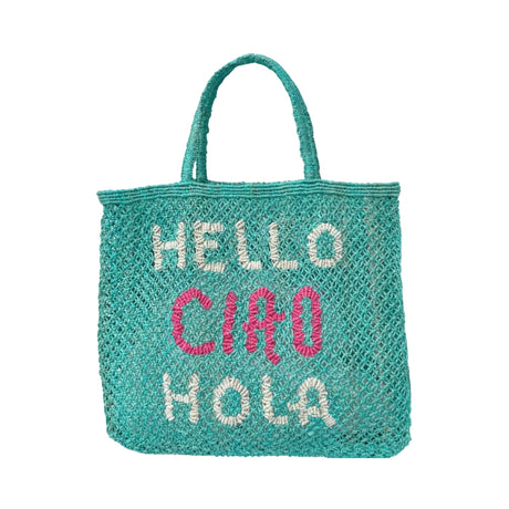 The Jacksons Bags Large Aqua Hello Ciao Hola Jute Tote Bag