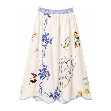 RELAX RE-LUX Red Floral Vintage Embroidery Petal Maxi Skirt
