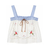 RELAX RE-LUX Cream Floral Vintage Embroidery Drawstring Top