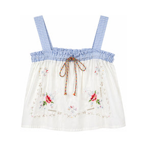 RELAX RE-LUX Cream Floral Vintage Embroidery Drawstring Top