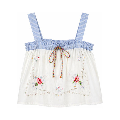 RELAX RE-LUX Cream Floral Vintage Embroidery Drawstring Top