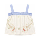 RELAX RE-LUX Cream Floral Vintage Embroidery Drawstring Top