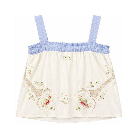 RELAX RE-LUX Cream Floral Vintage Embroidery Drawstring Top