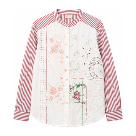 RELAX RE-LUX Red Stripes with Orange Vintage Embroidery Mandarin Shirt