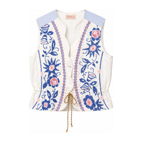RELAX RE-LUX Azure Stripes with Blue Vintage Embroidery Scallop Vest