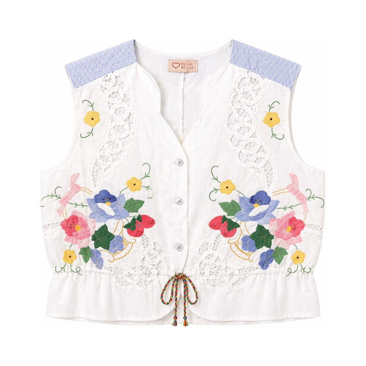 RELAX RE-LUX Azure Stripes with Multicolor Flower Patchwork Scallop Vest