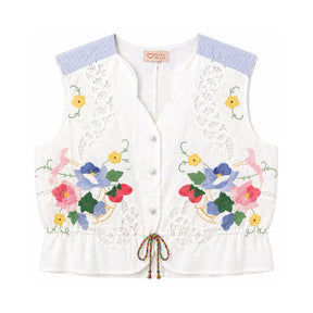RELAX RE-LUX Azure Stripes with Multicolor Flower Patchwork Scallop Vest