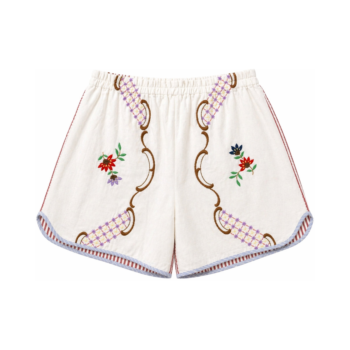 RELAX RE-LUX Red Stripes Orange Flower Vintage Embroidered Shorts