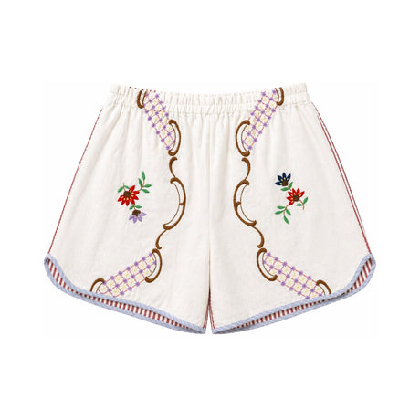 RELAX RE-LUX Red Stripes Orange Flower Vintage Embroidered Shorts