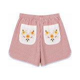 RELAX RE-LUX Red Stripes Orange Flower Vintage Embroidered Shorts