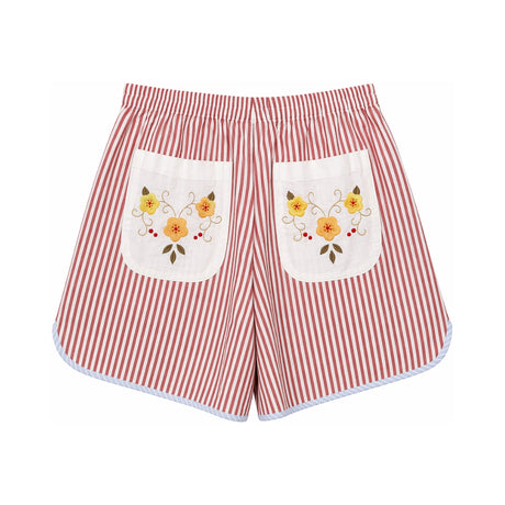 RELAX RE-LUX Red Stripes Orange Flower Vintage Embroidered Shorts