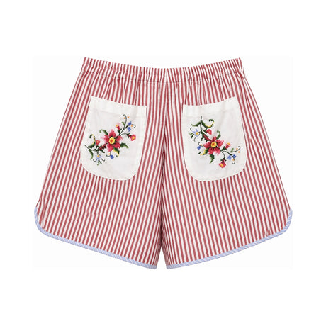 RELAX RE-LUX Red Stripes Pink Flower Vintage Embroidered Shorts