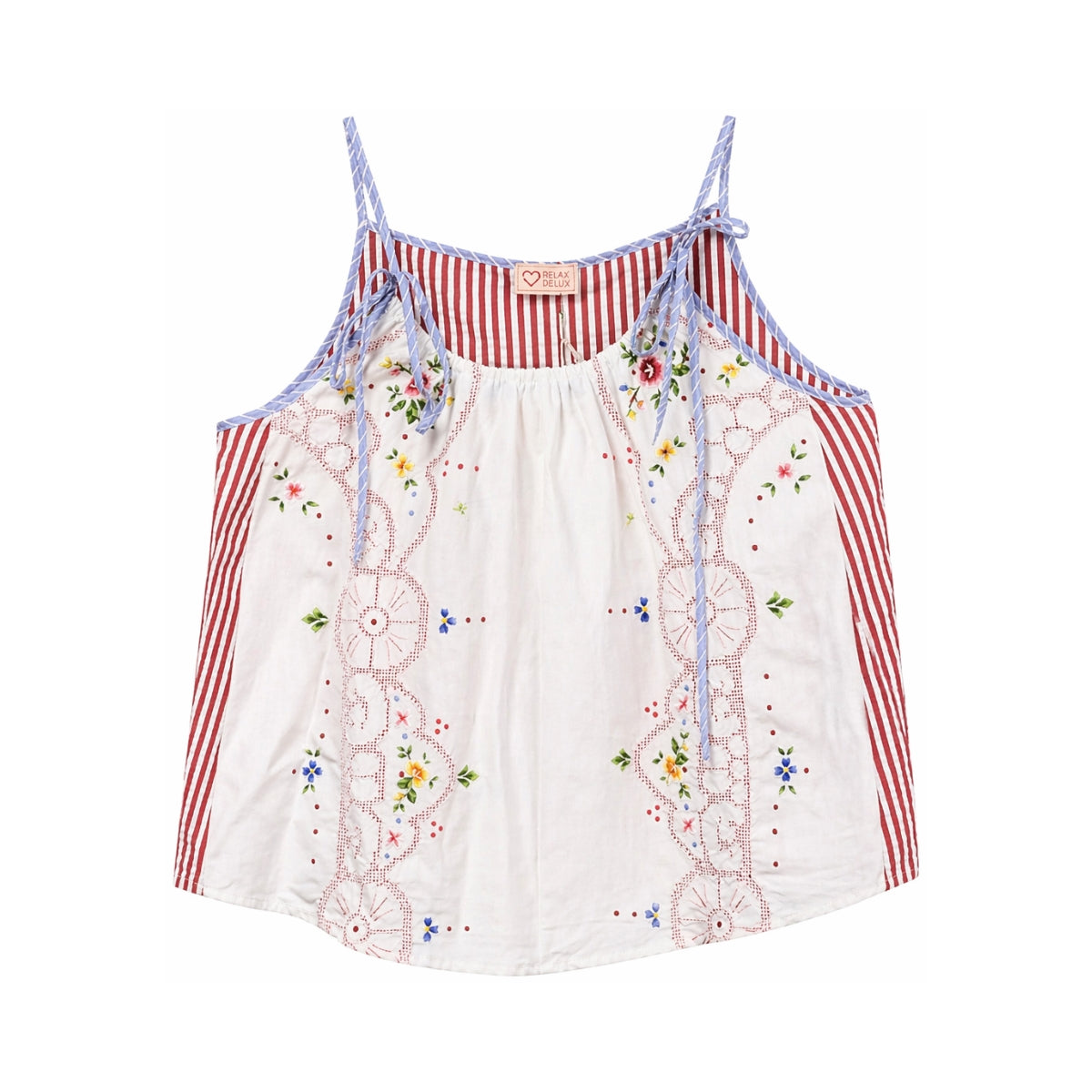 RELAX RE-LUX Red Stripes with Geometric Vintage Embroidery Ruched Top