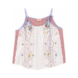 RELAX RE-LUX Red Stripes with Geometric Vintage Embroidery Ruched Top