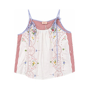RELAX RE-LUX Red Stripes with Geometric Vintage Embroidery Ruched Top