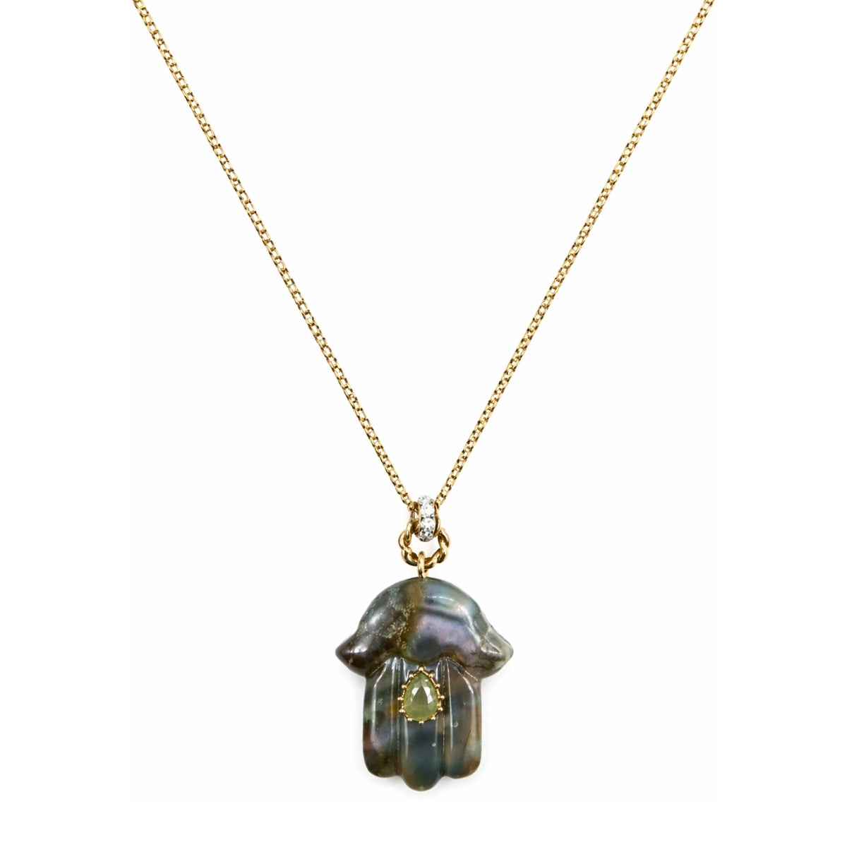 You & Eye Grey Stone Hamsa Pendant Long Gold Chain Necklace