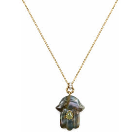 You & Eye Grey Stone Hamsa Pendant Long Gold Chain Necklace